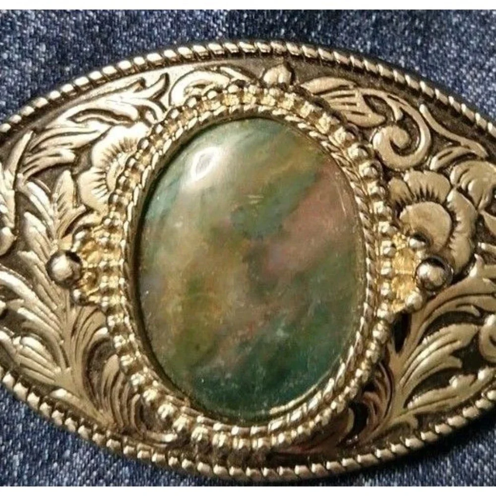 Vintage Western Style Oval Silver Tone Filigree Belt Buckle Green Agate Cabochon